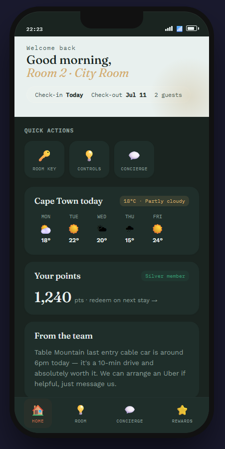 Guest app home screen with quick actions and weather