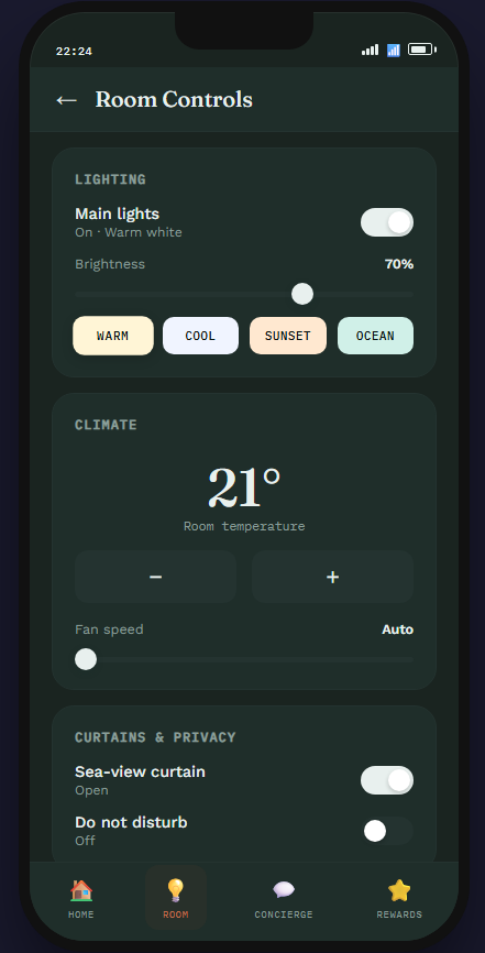Guest app room controls for lighting, climate and curtains