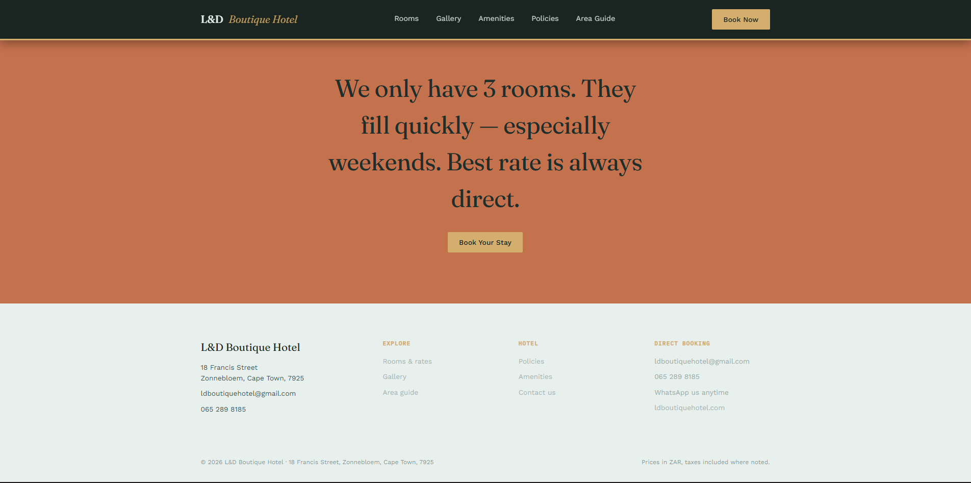 L&D Boutique Hotel website booking call-to-action and footer