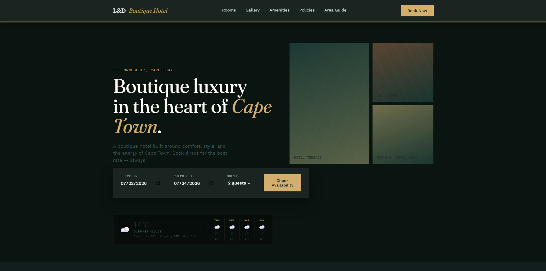 L&D Boutique Hotel website homepage with booking widget